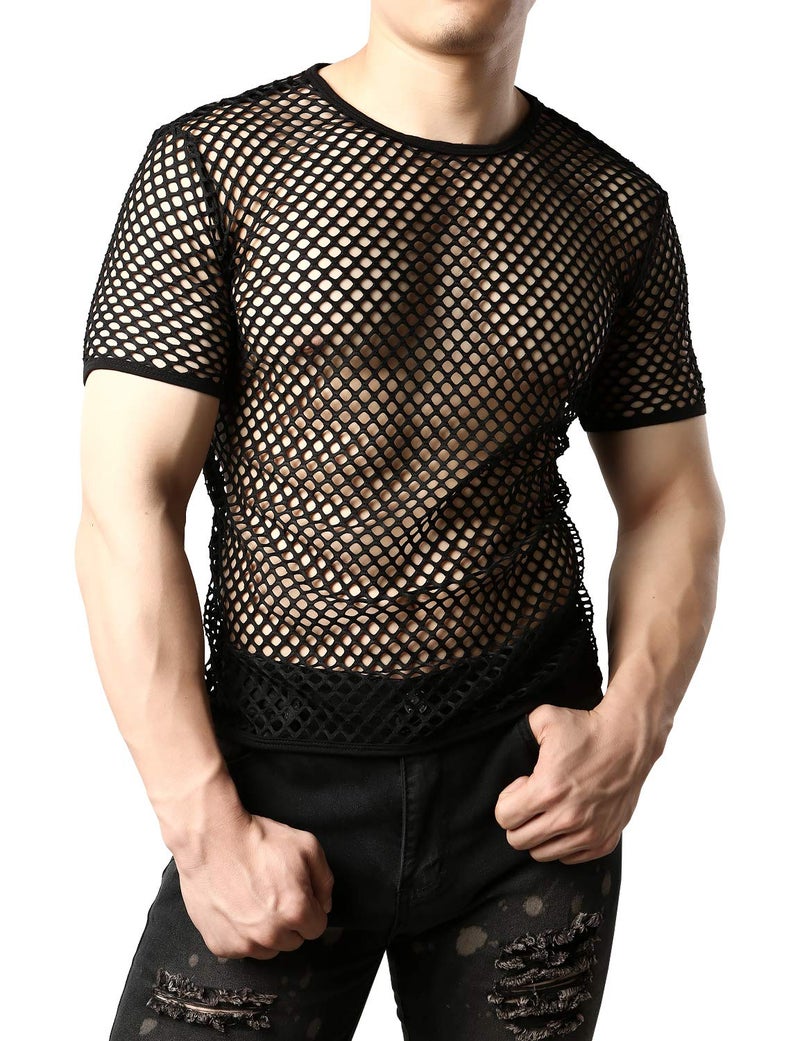 JOGAL Men's Mesh Fishnet Fitted Short Sleeve Muscle Top Medium WG02 Black - Image 1